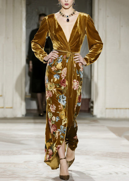 Yellow V Neck Print Velvet Maxi Dresses Fall