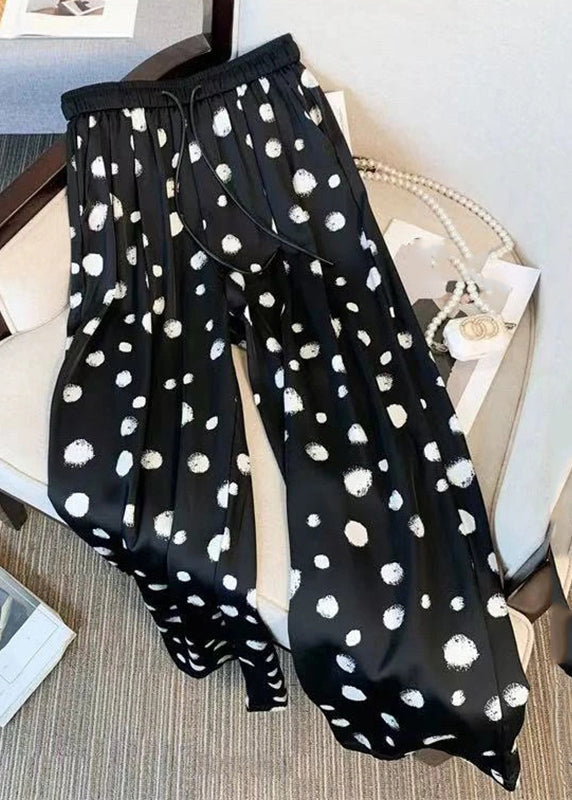 Black Dot Drawstring Chiffon Wide Leg Pants