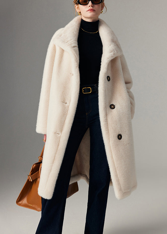 Beige Stand Collar Button Leather and Fur Coats Winter