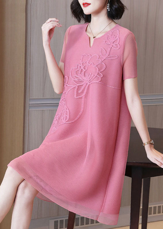 Diy Pink V Neck Embroideried Nail Bead Tulle Mid Dresses Short Sleev
