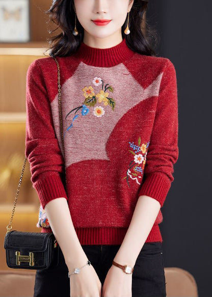 Wine Red Embroidered Patchwork Knit Sweater Tops Winter