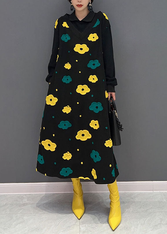 Black Peter Pan Collar Patchwork Print Cotton Fake Two Piece Dress Spring