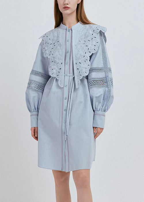 French Blue Hollow Out Lace Up Patchwork Cotton Blouses Mid Dress Fall