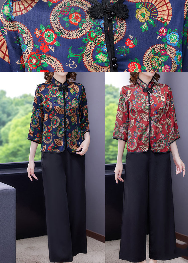 Blue Print Oriental Silk Shirt and Crop Pants Two Pieces Set Mandarin Collar Long Sleeve