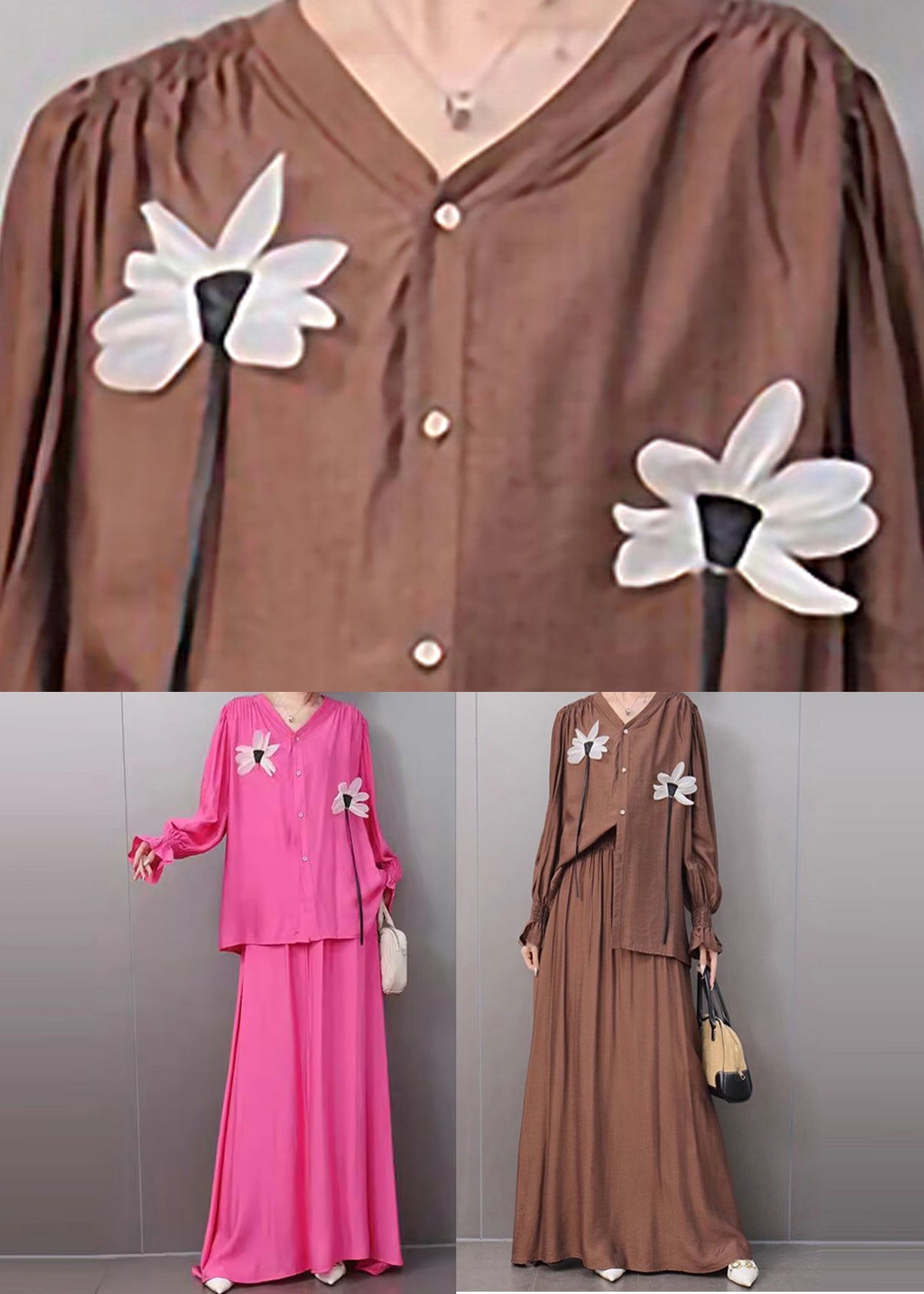 Organic Khaki V Neck Shirts and Maxi Skirts Two Pieces Set Fall