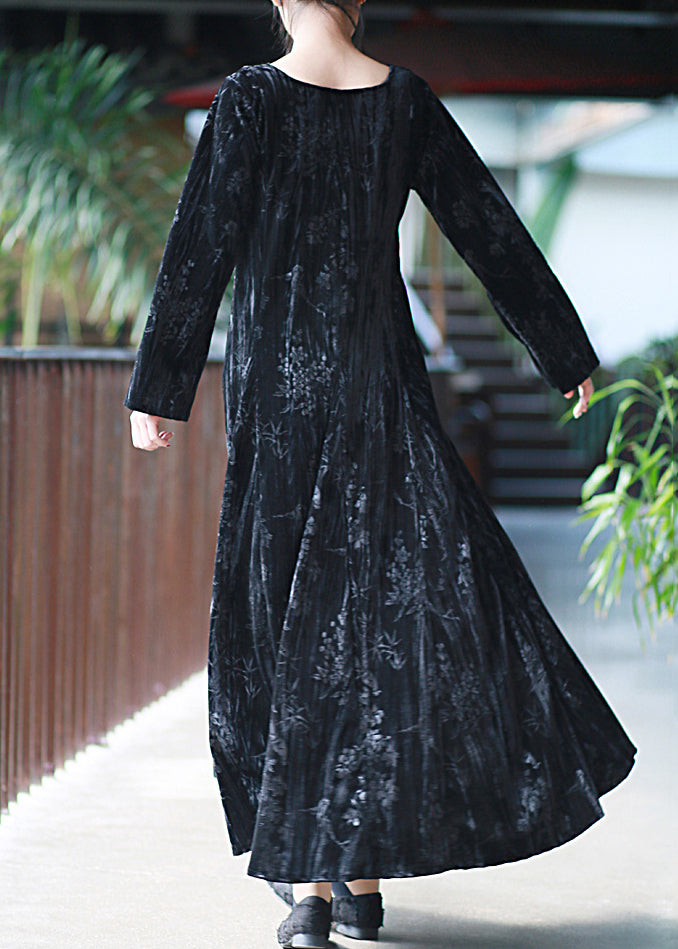 Black U Neck Print Velour Long Dresses Fall