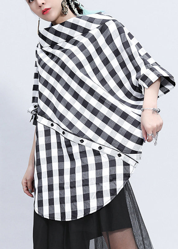 Plaid Stand Collar Asymmetrical Patchwork Button Linen Tops Batwing Sleeve