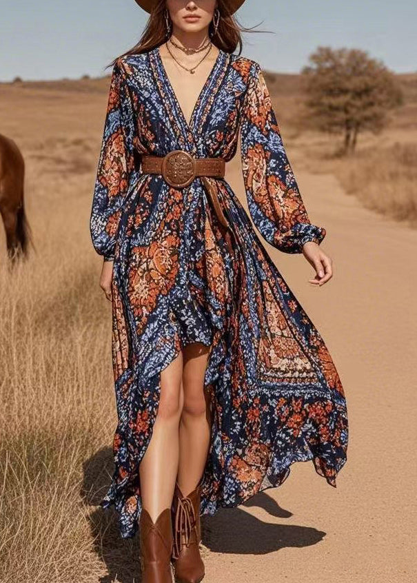 Blue V Neck Asymmetrical Design Chiffon Long Dresses Lantern Sleeve