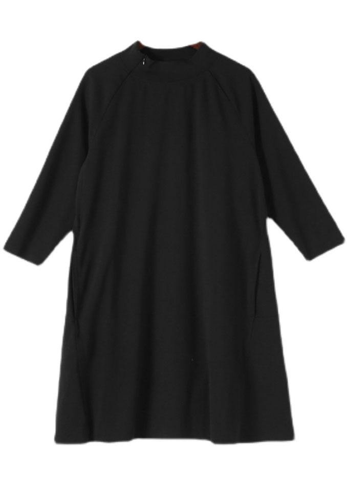 Black Zippered Cotton Long Sleeve Pockets Fall Dress