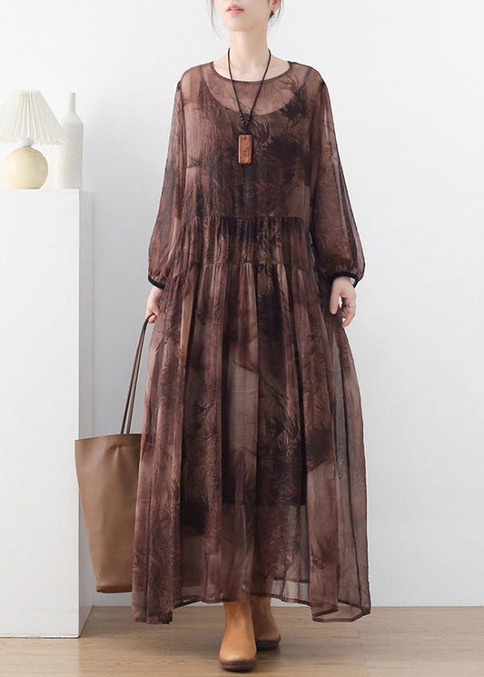 Chocolate O-neck Print Chiffon Long Dress and Spaghetti Strap Dress Two Pieces Set Long Sleeve