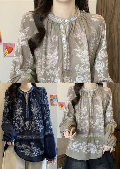 Stylish Navy Oversized Print Cotton Shirt Top Fall