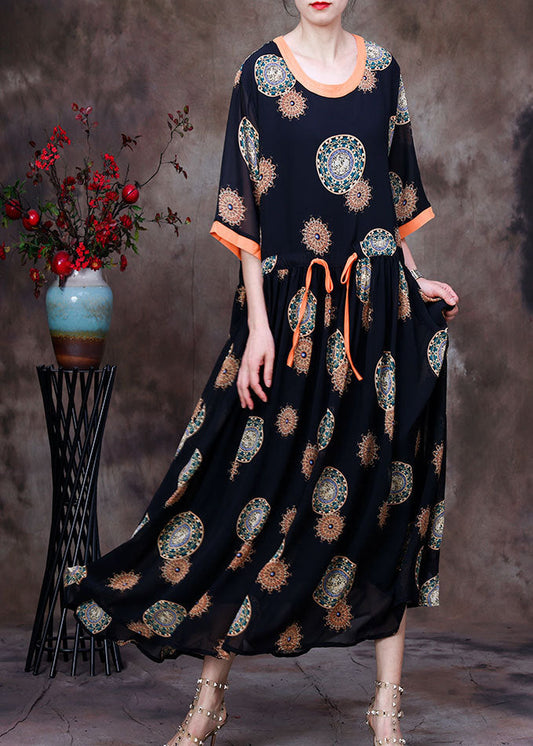 Black O-neck Drawstring Patchwork Print Chiffon Long Dress Half Sleeve