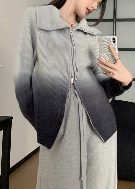 Grey Gradient Zip Up Patchwork Knit Jacket Winter