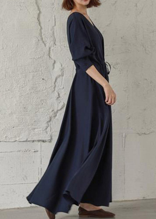 Navy Cinched V Neck Cinched Cotton Maxi Dresses Fall