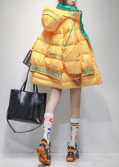 Yellow Hooded Letter Patchwork Duck Down Coats Winter
