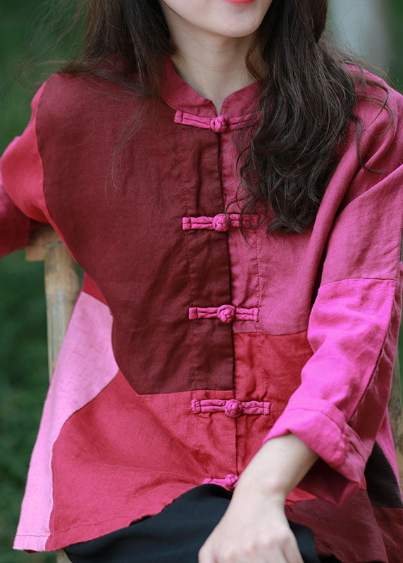 Mulberry Stand Collar Patchwork Oriental Button Linen Shirt Top Spring