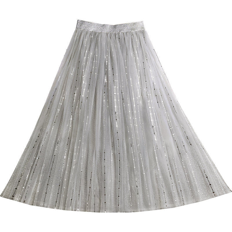 Handmade Grey Sequins Tulle Pleated Summer Skirts