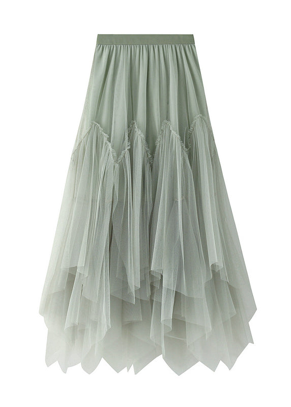 Green Asymmetrical Elastic Waist Tulle Pleated Skirt Summer
