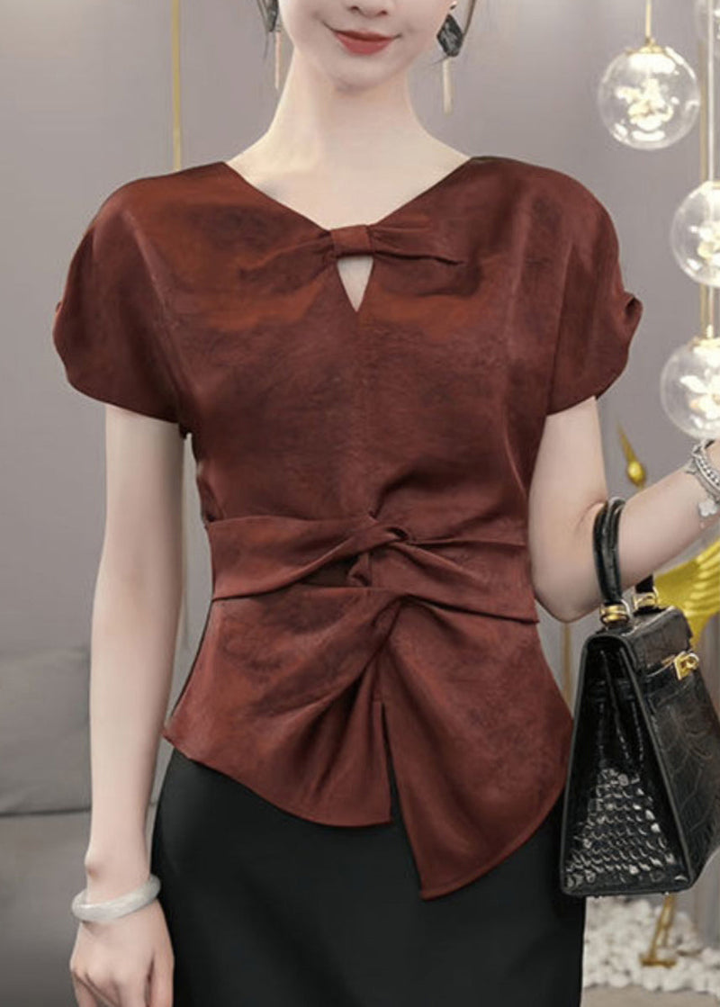 Red V Neck Cinched Shirts Summer