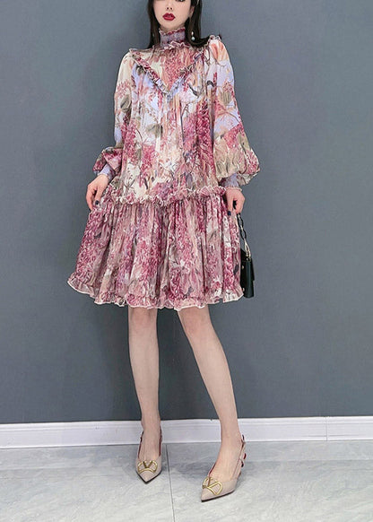Red Stand Collar Ruffled Print Chiffon Dress Long Sleeve
