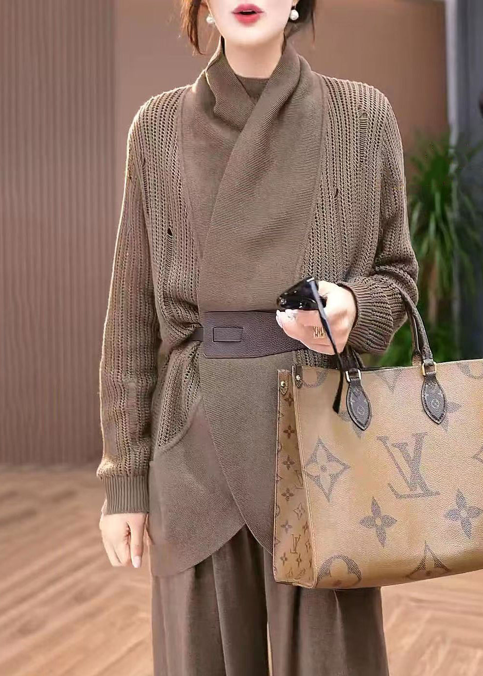 Coffee Hollow Out Knit Cardigans Winter