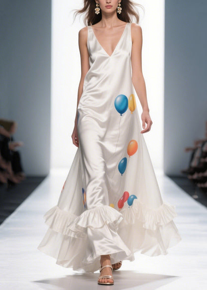 Milk White Ruffled Print Silk Vestidos Dress Summer