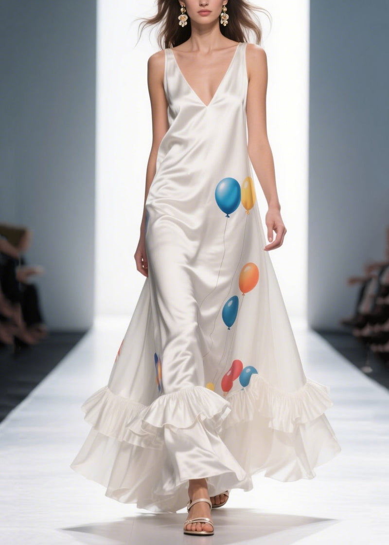 Milk White Ruffled Print Silk Vestidos Dress Summer