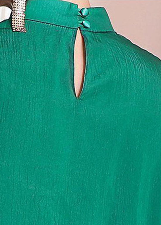 Style Green Stand Collar Button Embroideried Chiffon Top Half Sleeve