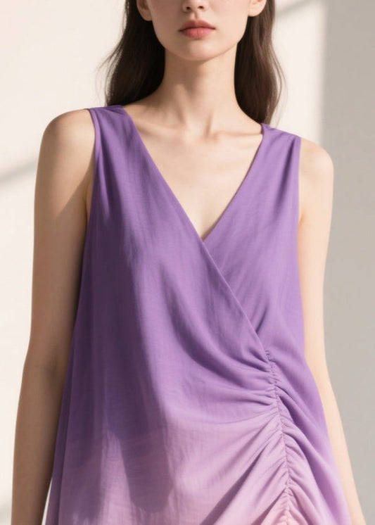 Gradient Purple Wrinkled Cotton Sun Dresses Summer