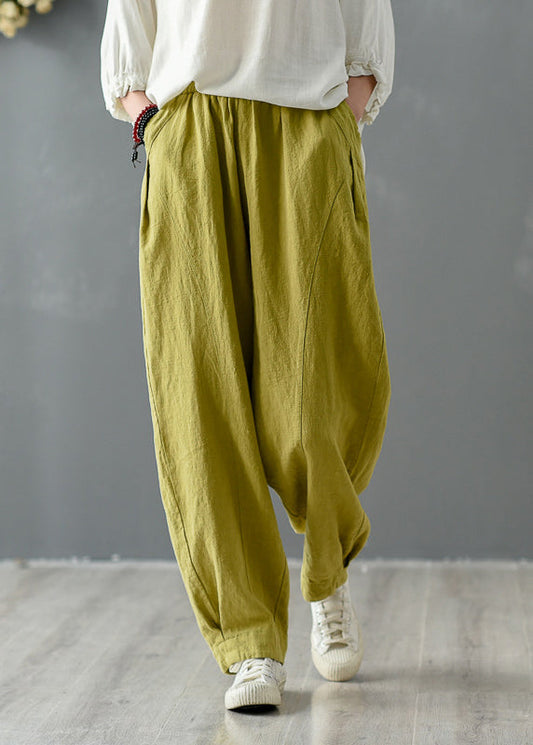 Yellow Pockets Elastic Waist Linen Pants Spring