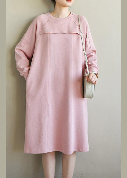 French Pink Patchwork Cotton Long Sleeve Spring Vacation Dresses