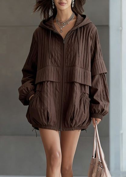 Coffee Hooded Pockets Drawstring Fine Cotton Filled Coat