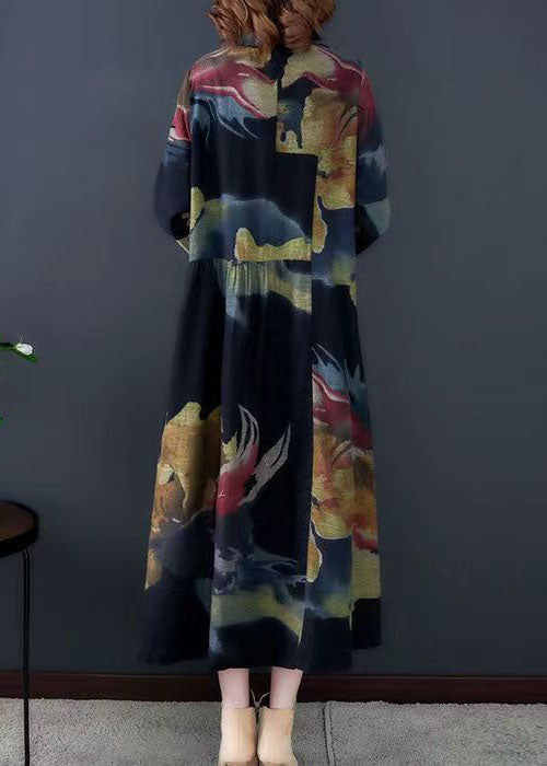 Black Turn-down Collar Print Cotton Long Trench Coats Long Sleeve