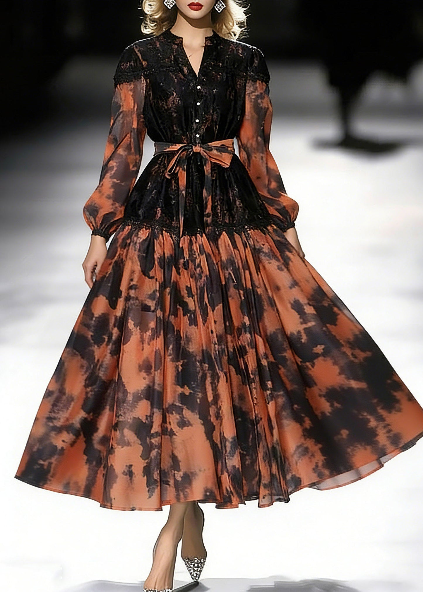 Orange Print Tie Waist Chiffon Long Dress Lantern Sleeve