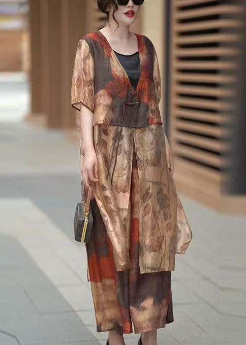 Art Khaki Button Print Tops and Crop Pants Silk Two Piece Suit Summer