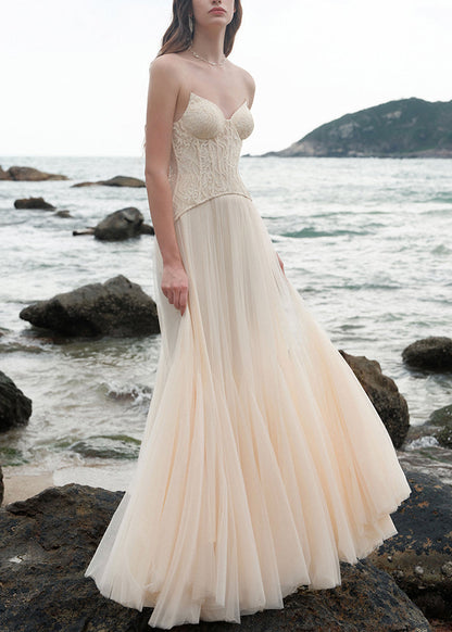 Beige Cold Shoulder Lace Patchwork Tulle Party Dress Sleeveless