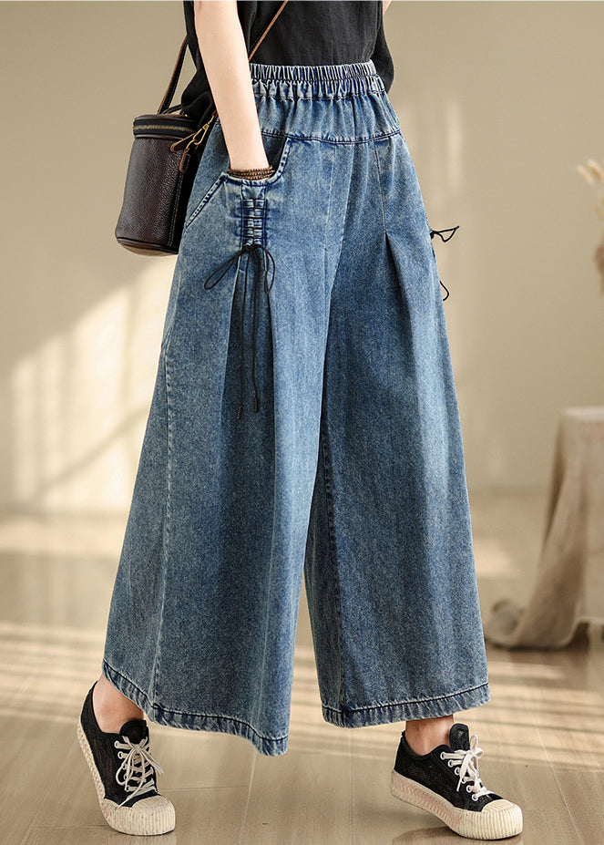 Denim Blue Cross Strap Wide Leg Pants Wrinkled Fall