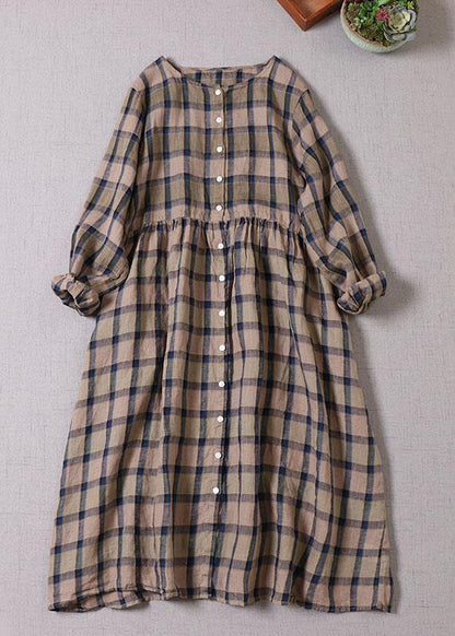 Unique Khaki Plaid Patchwork Pockets Button Fall Long Sleeve Dresses