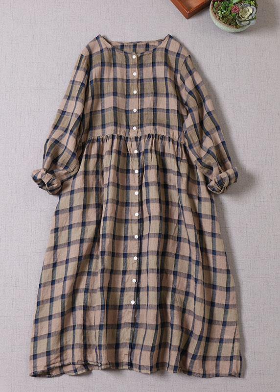Unique Khaki Plaid Patchwork Pockets Button Fall Long Sleeve Dresses
