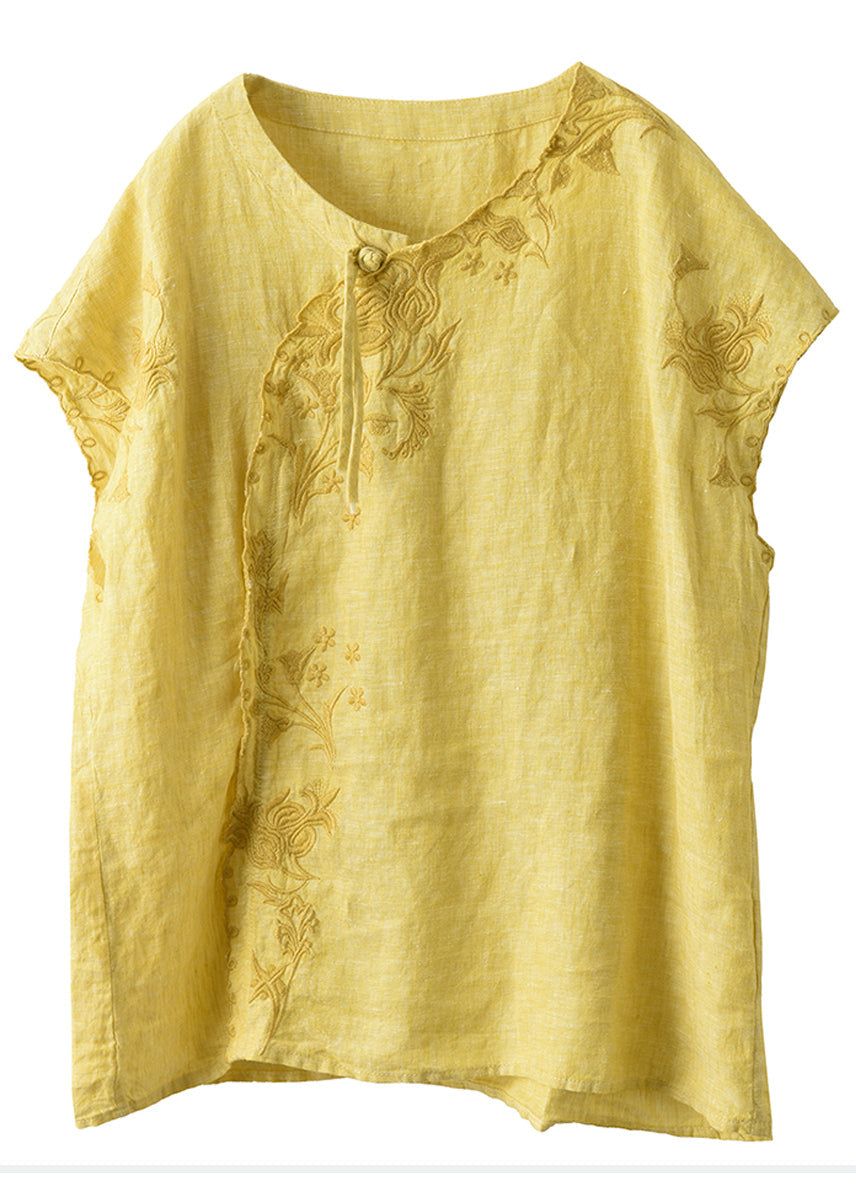 Yellow Embroideried Chinese Button Linen Tanks Summer