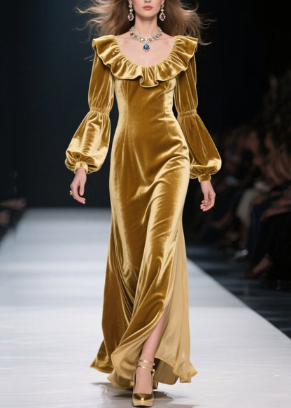Yellow Ruffled Patchwork Velvet Long Dress Fall