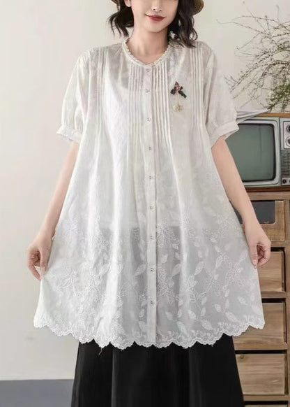 White Embroidered Cotton Long Blouses Summer