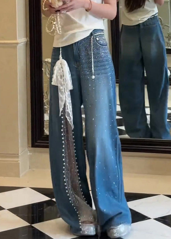 Blue Pockets Zircon Lace Patchwork Denim Pants Fall