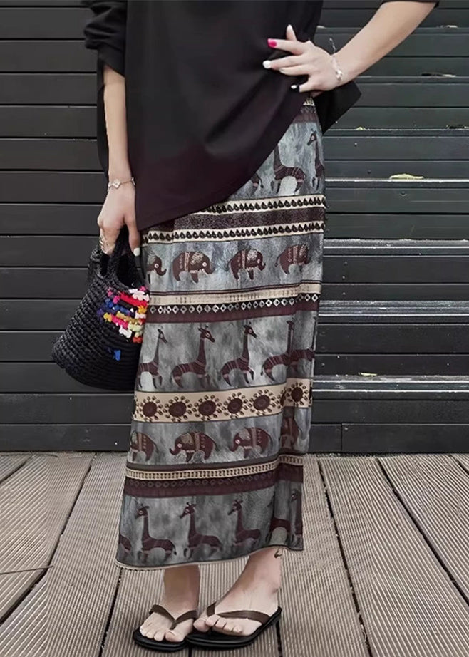 Print Side Open Elastic Waist Cotton Skirt Summer