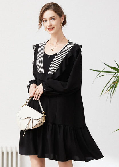 Style Black O-neck Patchwork Ruffles Chiffon Party Dress Spring