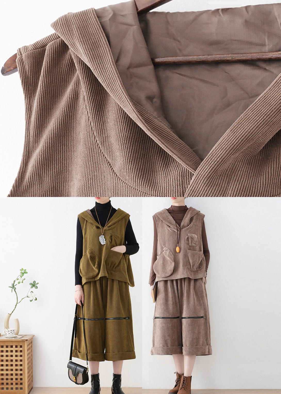 Mustard Green Velour Hooded Waistcoat and Crop Pants Two Pieces Set Fall