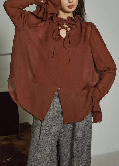 Coffee Ruffled Lace Up Silk Cotton Shirts Fall