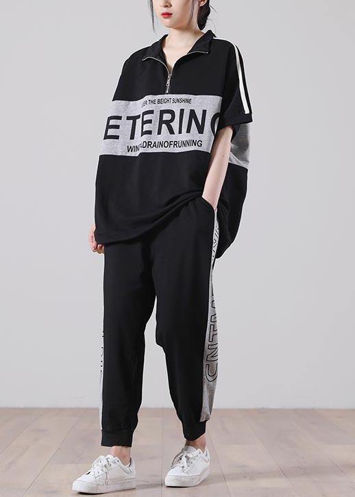 Unique Black Patchwork Cotton Summer Two Piece Set Clothing