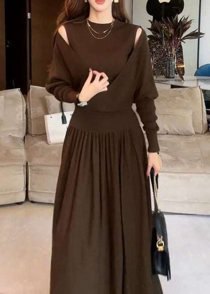 Stylish Brown Asymmetrical Cotton Knit Sweater and Maxi Skirts Two Pieces Set Winter