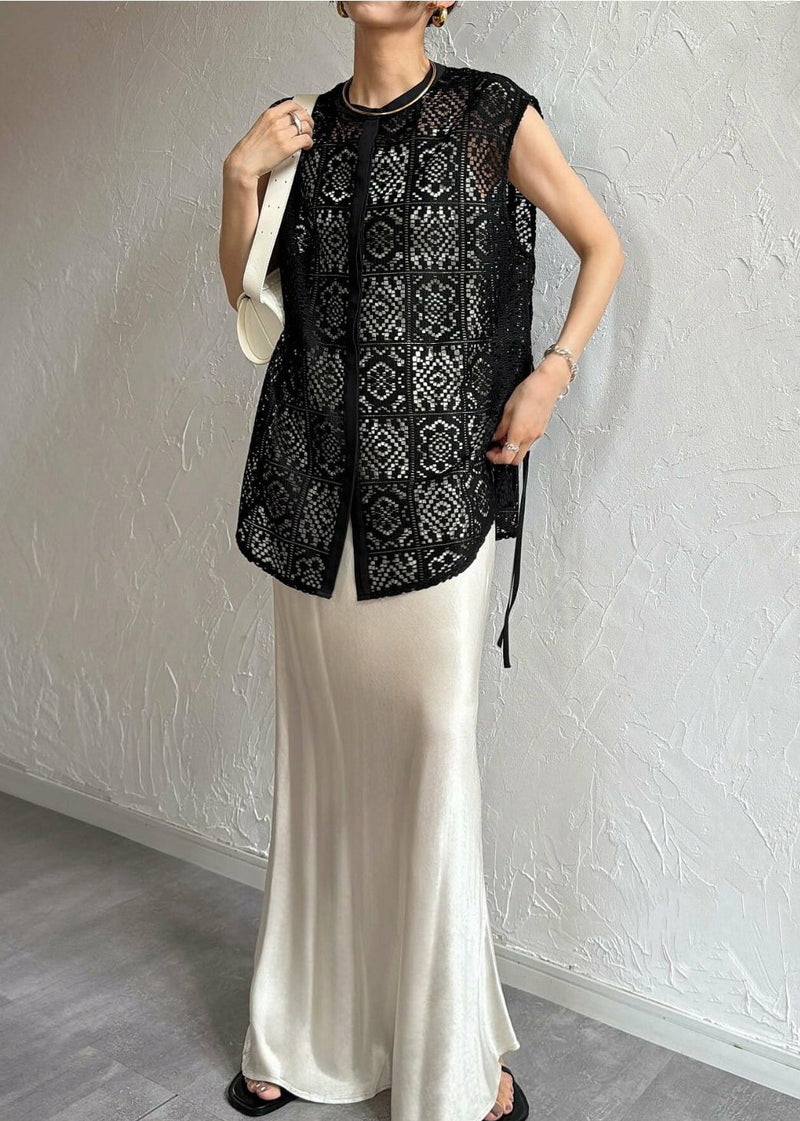 Black Oversized Hollow Out Lace Tops Sleeveless